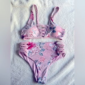 Cute Flower Print Two Piece Swimsuit Set M